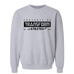 Adult heather light gray adult fleece pullover with the Property Of Transform Athletics design on the front